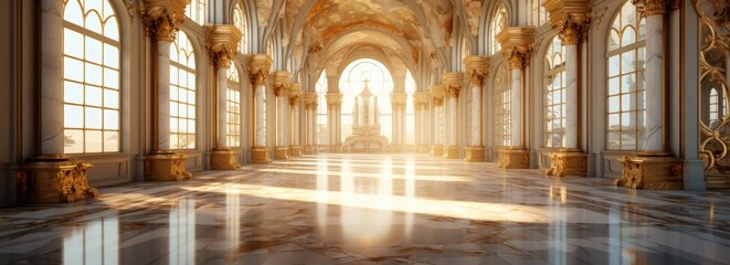 Obraz premium An Elegant Interior with Grand Arches and Opulent Decor in Soft Golden Light Streaming Through Large Windows, Grand Hall of a Gilded Palace