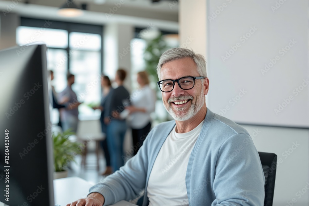 Poster confident senior businessman in glasses smiling while working at a computer in a modern office, with