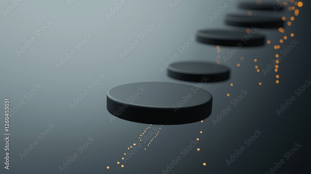 Poster group of black hockey pucks arranged in a line on a dark grey background. the pucks are of different