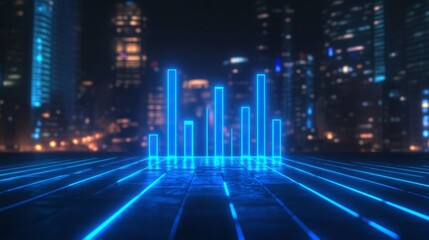 Futuristic Cityscape With Glowing Neon Blue Upward Trending Line Graph Representing Economic Growth