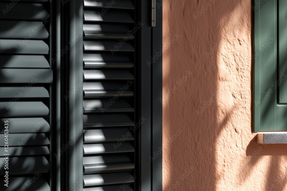 Aufkleber sunlight casts shadows on colorful shutters and textured walls in a serene urban setting during the 