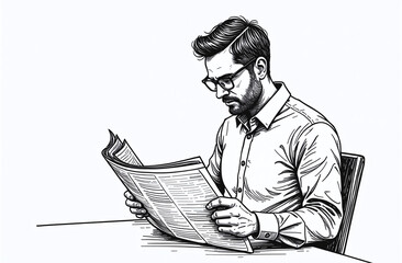 Man reading newspaper at table, black and white sketch.