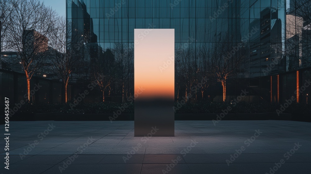 Poster photograph of a tall, rectangular object in the center of a square-shaped space.