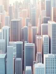 Fototapeta premium A 2d illustration of a cityscape with 3d skyscrapers emerging from the flat design, creating a dynamic depth effect. 3D Depth Effect. Illustration