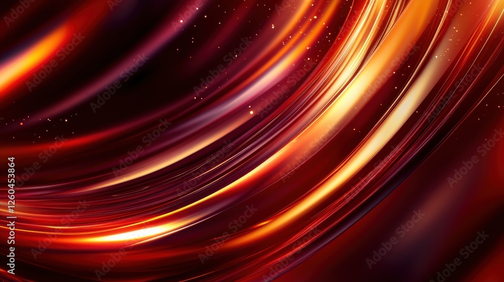 Poster an abstract image featuring flowing, luminous lines in vibrant shades of red and gold, perfect for b