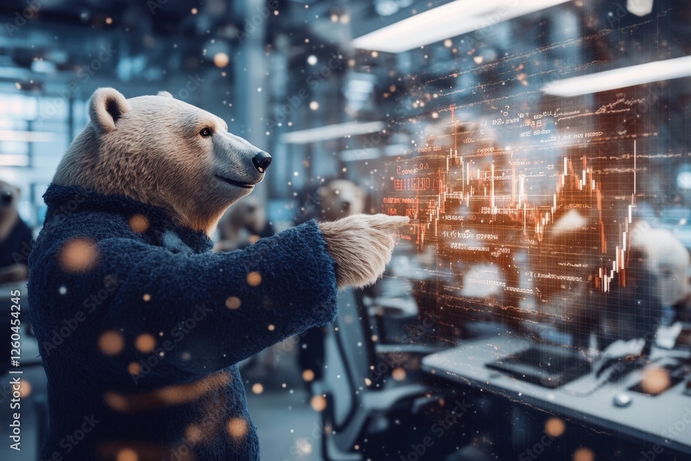 Poster a creative fusion of nature and technology: a bear in a business environment engaging with data visu
