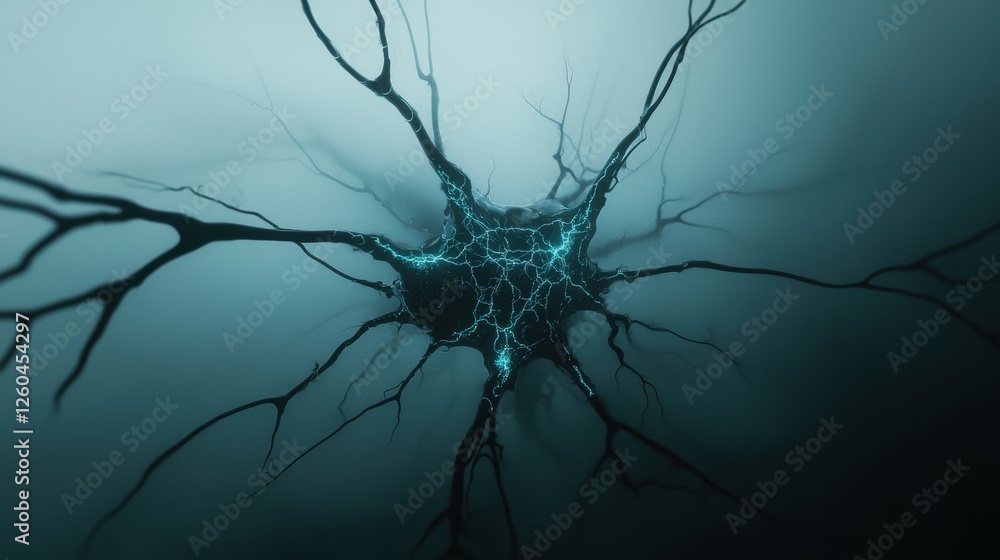 Poster digital art piece that appears to be a representation of a neuron. the neuron is in the center of th