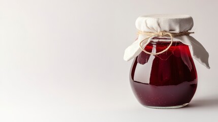 A glass jar of homemade jam with a fabric lid