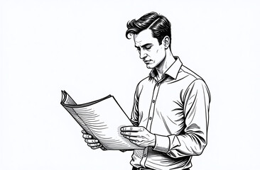 Man wearing glasses reading a newspaper at a table, drawn in a black and white sketch style on a plain background, representing information and news