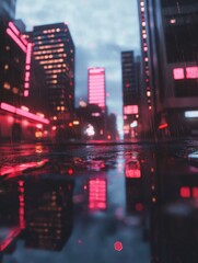Obraz premium Industrial cyberpunk cityscape with towering neon skyscrapers, reflective rainsoaked streets, dark and moody, high contrast, photorealistic, wideangle shot