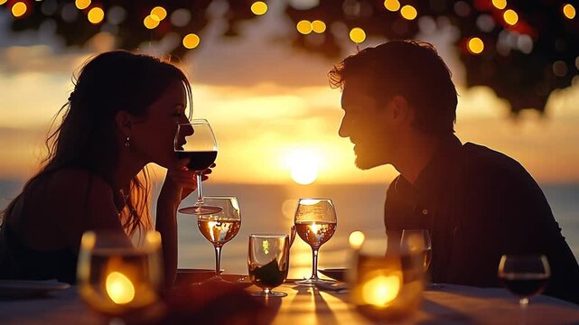 Romantic sunset dinner date, beach restaurant