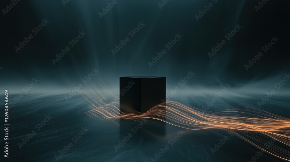Poster digital art piece that appears to be a 3d rendering of a black cube in the middle of a body of water