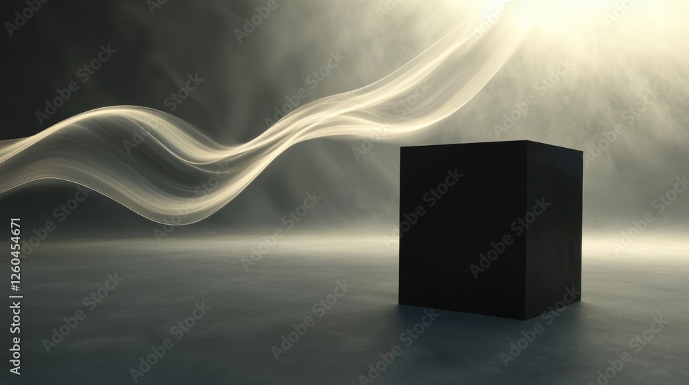 Aufkleber black cube on the right side of the frame. the cube is placed on a grey floor with a dark background