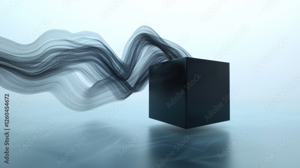 Poster digital illustration of a black cube on a light blue background. the cube is in the center of the im