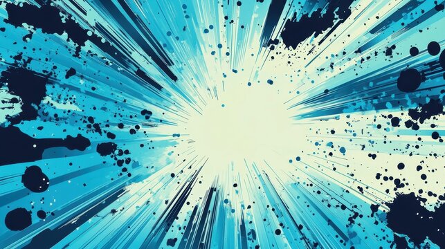 Vibrant blue comic backdrop with oversized ink splashes and textures