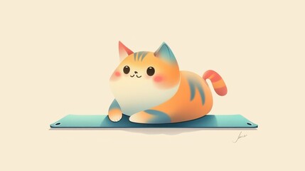 Fototapeta premium Adorable illustration of a chubby orange tabby cat lying on a blue yoga mat, radiating warmth and calmness. Perfect for pet and wellness-related designs. AI generated.
