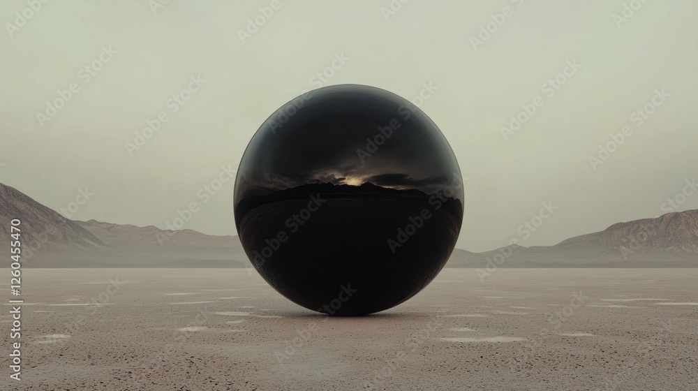 Poster large, spherical object in the middle of a vast, barren landscape. the object appears to be made of 