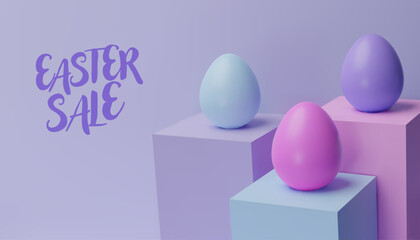 3d render easter cube pastel podium, egg banner. Three-dimensional vector illustration. Greeting poster for celebration, springtime holiday, kids hunt or design for sale advertising. Modern template