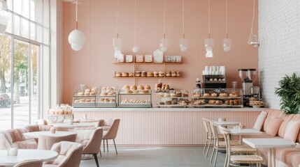 Modern bakery shop featuring a pastel pink interior, stylish dessert displays, and cozy seating