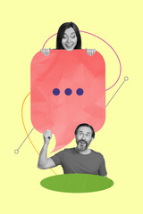 Vertical art image photo collage of two happy girl guy hold communication icon message speech...