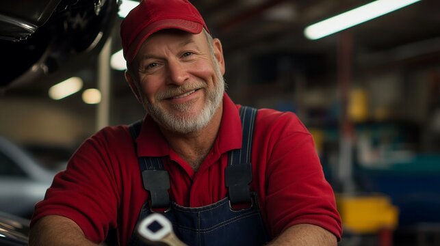 Mechanic smiles in auto repair shop