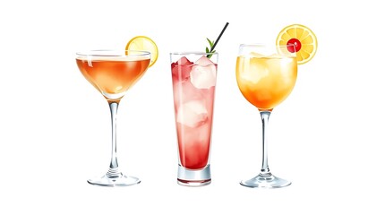 Set of classic alcohol cocktails isolated on white background