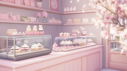 Trendy bakery with a soft pink color palette, delicate dessert displays, and a cozy atmosphere