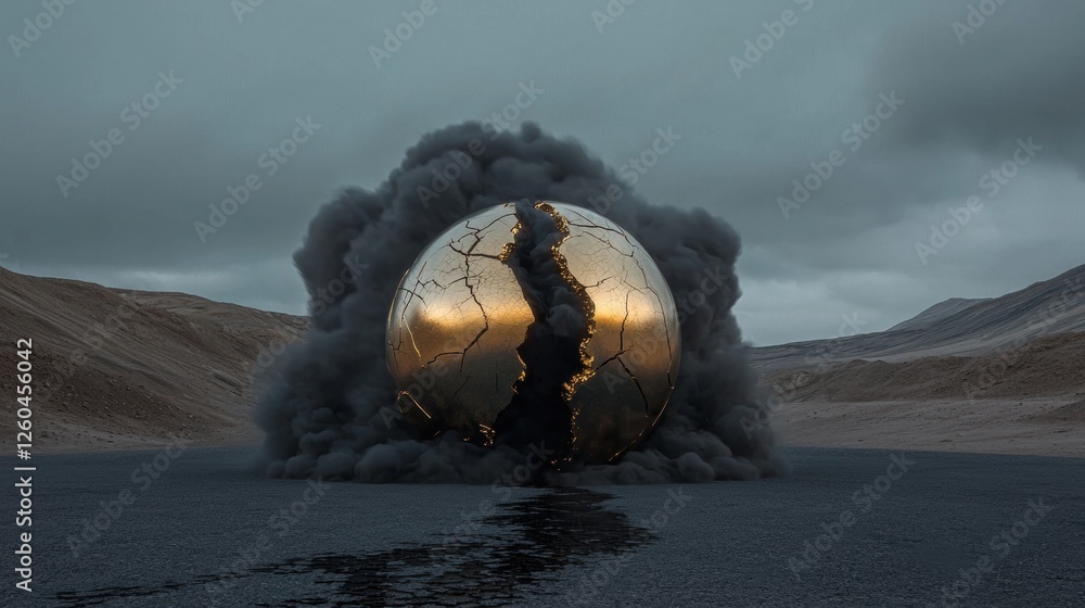 Poster large, spherical object that appears to be exploding in the middle of a desert-like landscape. the o