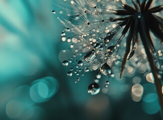 Fototapeta premium Beautiful close-up of a dandelion, a spring abstract nature wallpaper. dandelion with water drops on a blue-green background, macro photograph. 