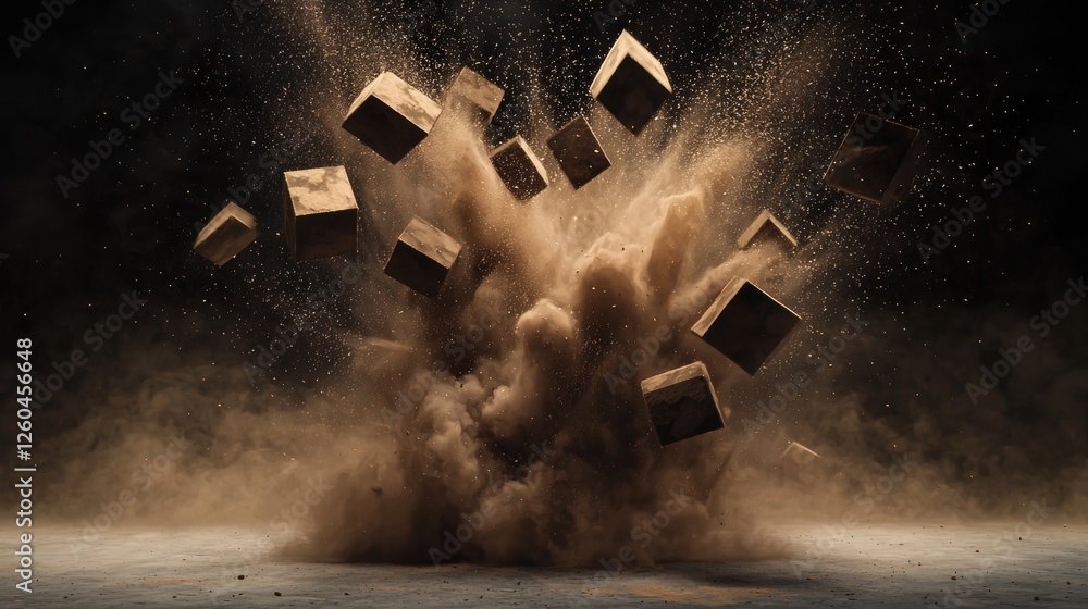 Poster group of cubes flying in the air, creating a cloud of dust. the cubes are of different sizes and sha