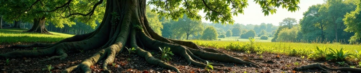 Naklejka premium Enormous tree roots sprawling across landscape, pattern, environmental, nature