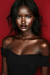Fototapeta premium Stunning Portrait of a Young Black Woman with Dark Hair and Deep Brown Skin