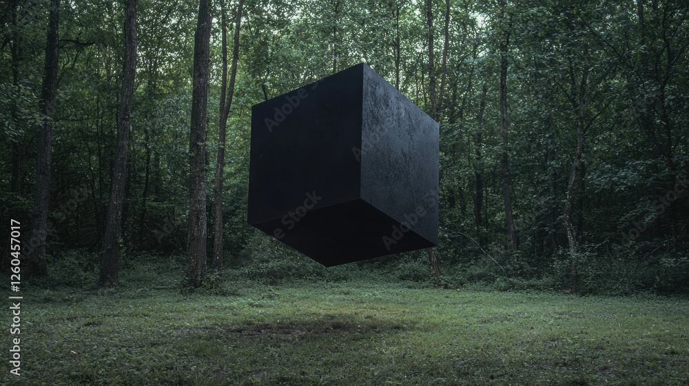 Poster large black cube floating in the middle of a forest. the cube appears to be made of concrete or a si