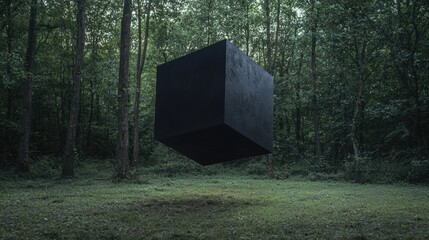 Large black cube floating in the middle of a forest. the cube appears to be made of concrete or a similar material and is in the shape of a cube.
