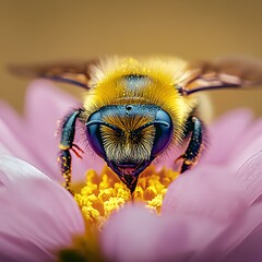 A bee is busily collecting nectar from a bright pink flower in a lush garden. The intricate details of the bee and petals highlight nature's beauty during a sunny day.