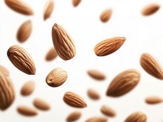 Floating almonds isolated on a white background
