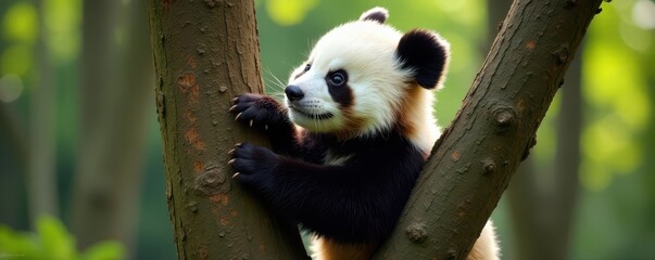 Fototapeta premium Fluffy panda cub ascends tree trunk, playful paws gripping bark, animal, sunlight, wood