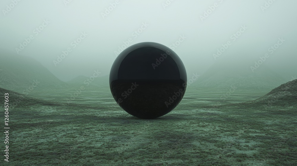 Poster large, spherical object in the center of a vast, barren landscape. the object appears to be made of 