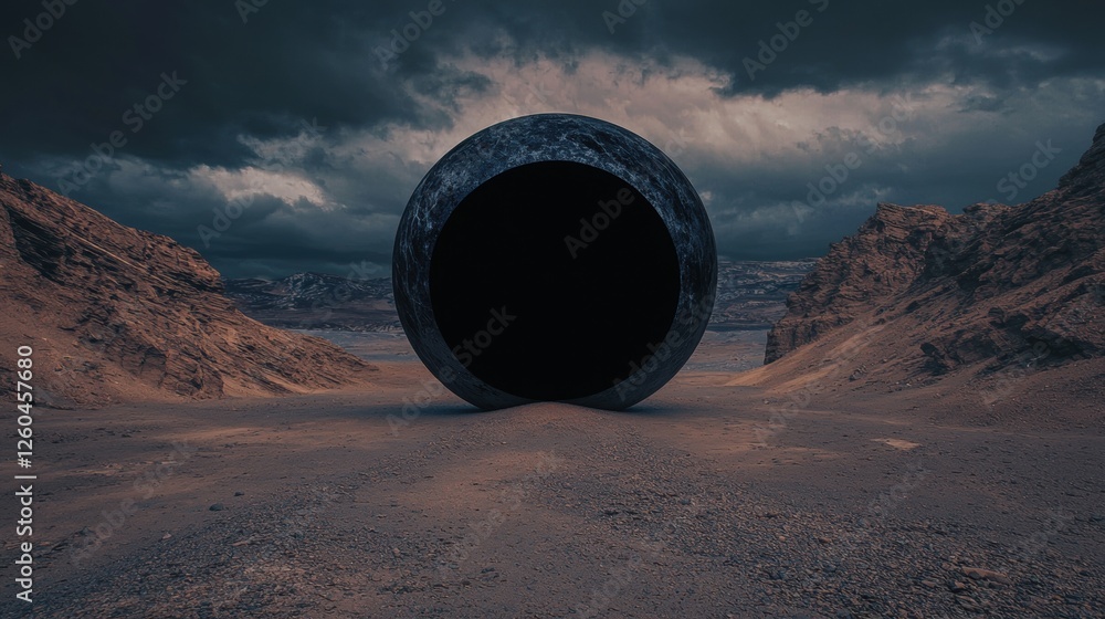 Poster large, circular object in the middle of a desert-like landscape. the object appears to be made of a 