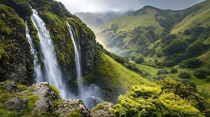Obraz premium Majestic waterfall cascades down mountainside, valley panorama, rainbow, nature photography, travel poster