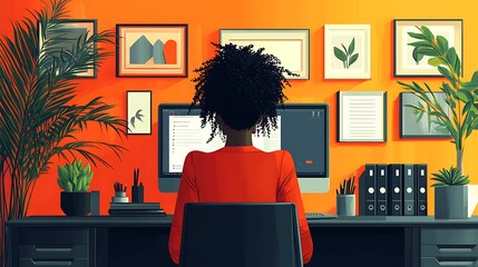 A focused individual working at a modern desk surrounded by vibrant decor and plants