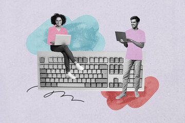 Creative design composite trend artwork collage of team young lady sit keypad man type laptop...