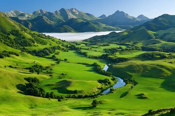 Obraz premium Serene mountain valley with winding river, lush green pastures, and morning mist.
