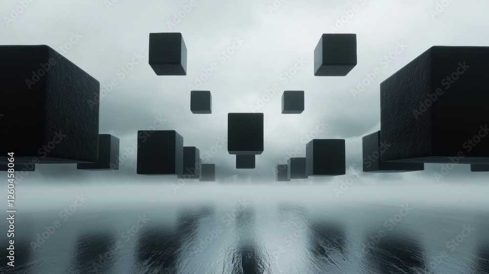 Poster group of black cubes floating in the air above a body of water. the cubes are of different sizes and