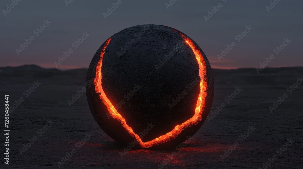 Poster 3d rendering of a sphere in the middle of a desert-like landscape. the sphere appears to be made of 
