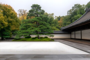 Serene Zen Garden with a Central Pine Tree and White Gravel