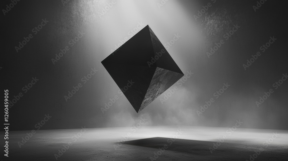 Poster black and white photograph of a 3d cube in the middle of a room. the cube is in the center of the im