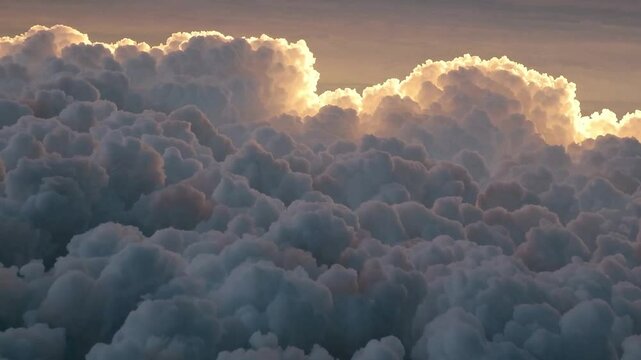 Cloudscape, Flying over clouds with red-orange sunrise, golden hour
