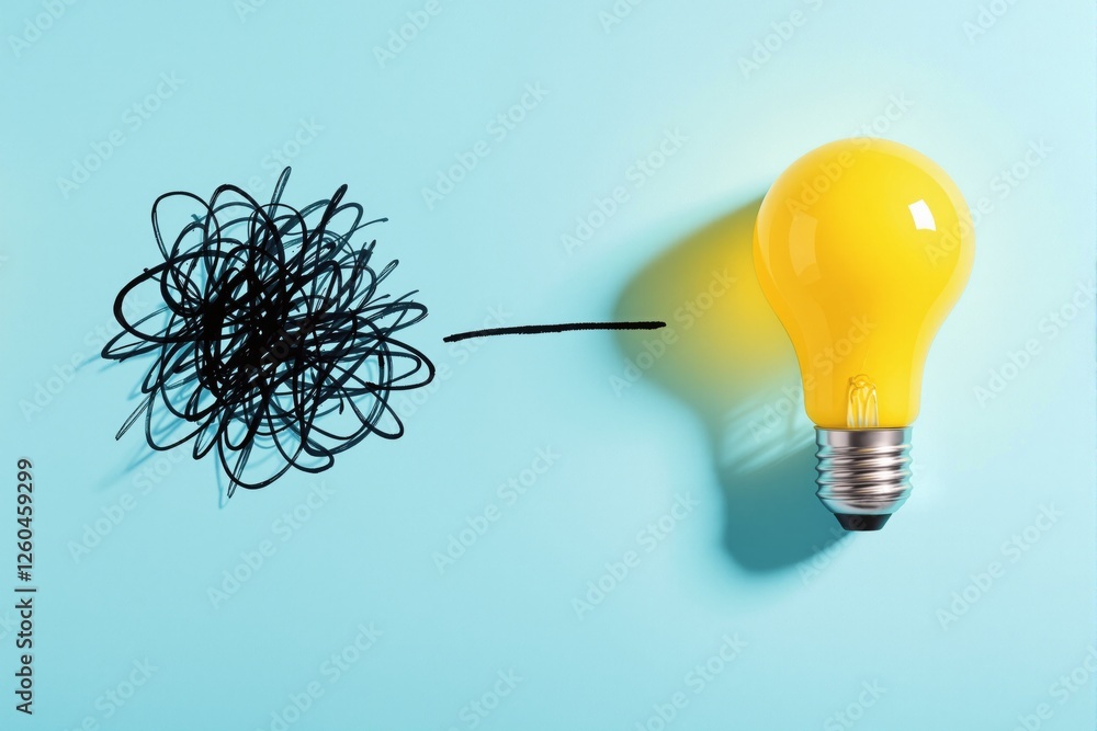 Poster scribbled chaotic lines turning into a bright yellow light bulb on a blue background. creative conce