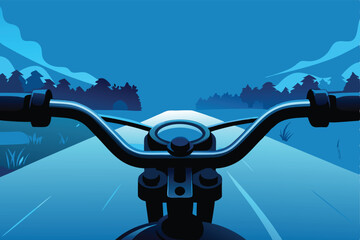 Close-up of motorcycle handlebars, focusing on the grips and controls, with a blurred background showcasing a scenic open road.